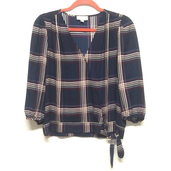 Loft Blouse Top Size S/P Faux Wrap, side bow Blue red Plaid Nova Check 3/4 Sleev - Picture 1 of 10